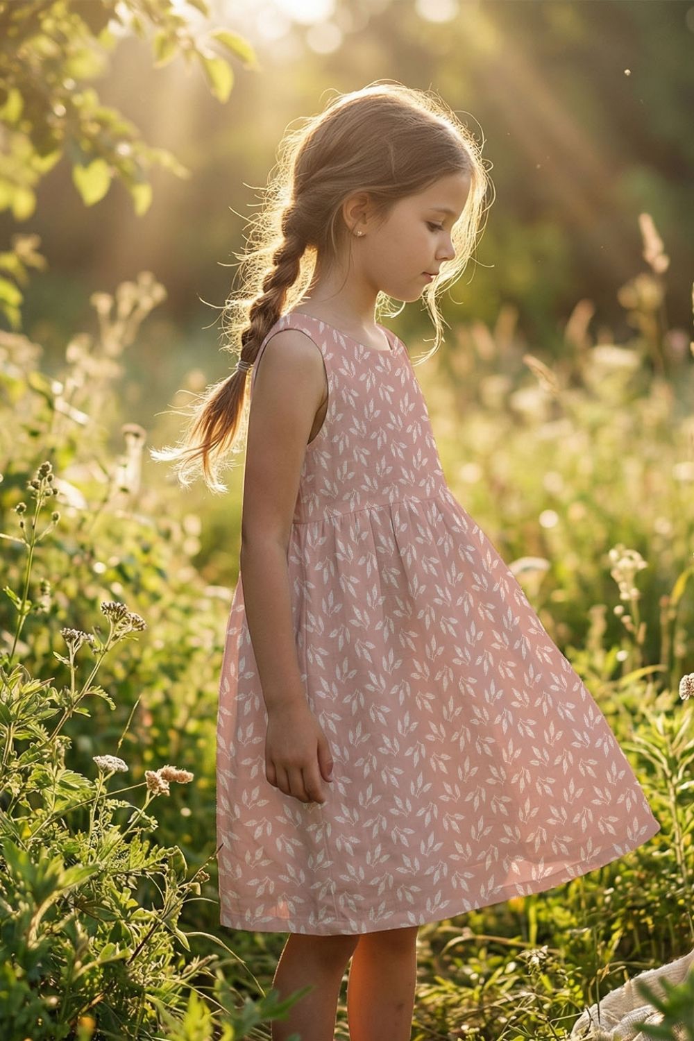 Young girl in a pink dress standing in a sunlit field with greenery.