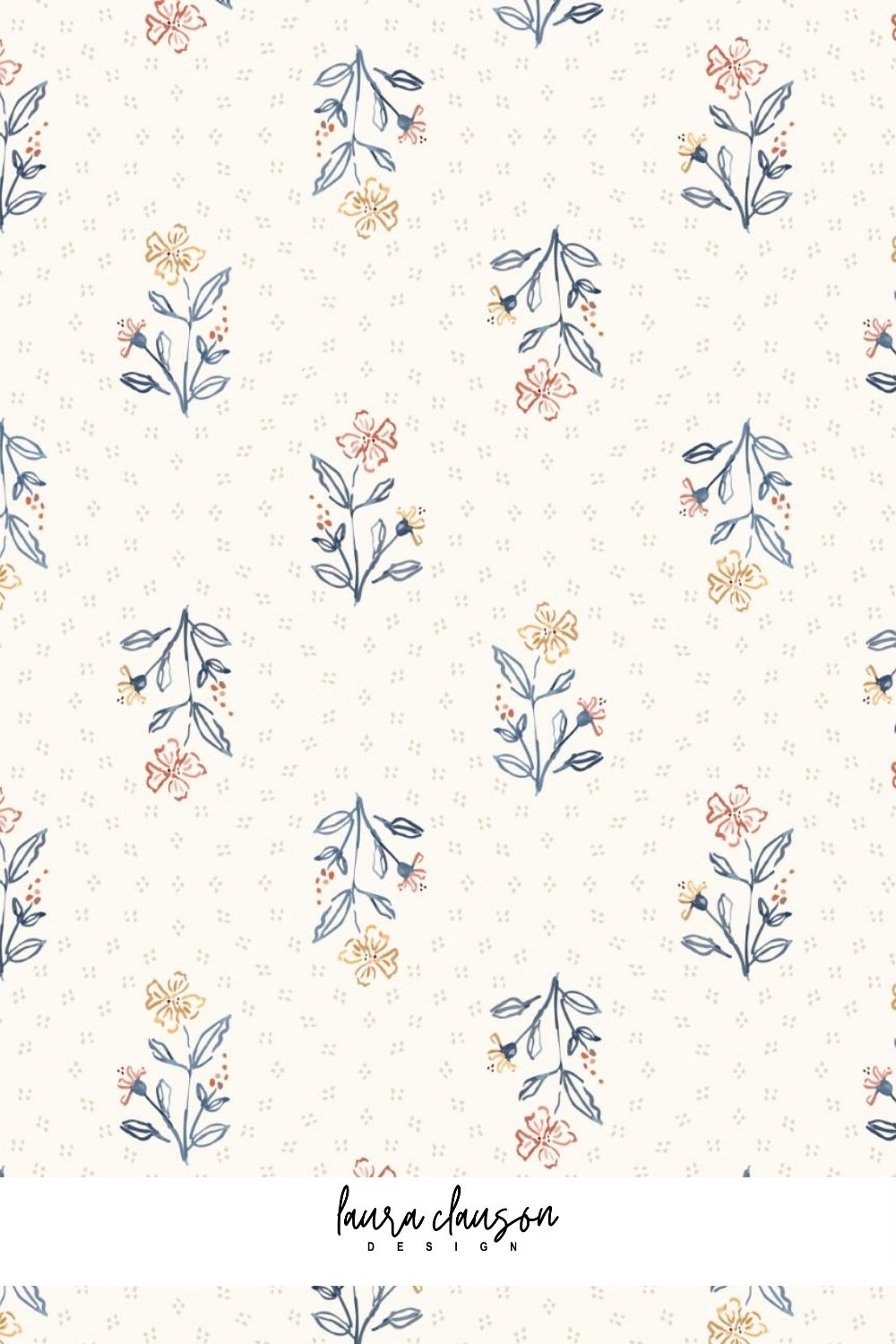 Floral pattern with small flowers and leaves on a light background, featuring the brand 'Laura Clauson'.