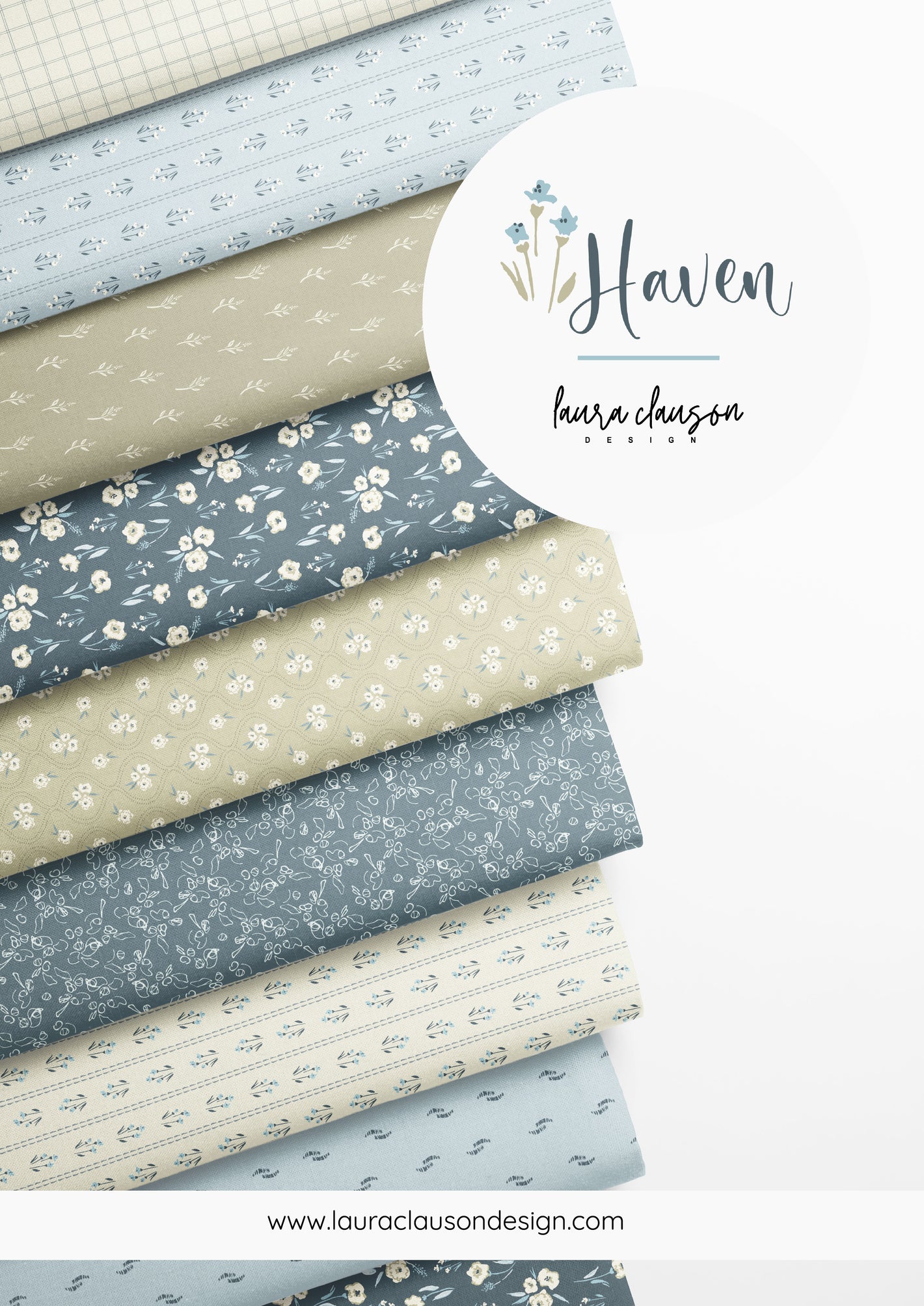 Collection of fabric swatches with floral patterns and 'Haven' branding.