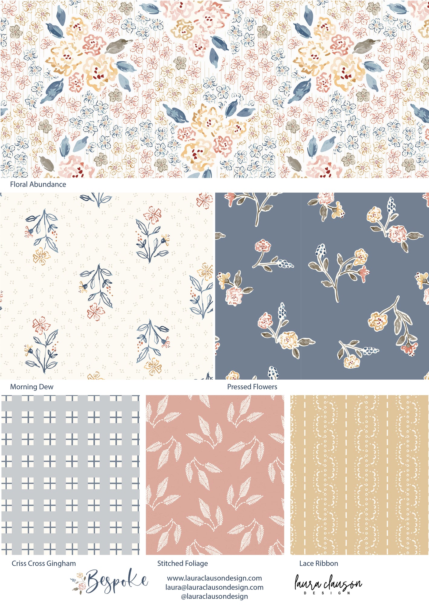 Collection of floral and geometric patterns with branding at the bottom.
