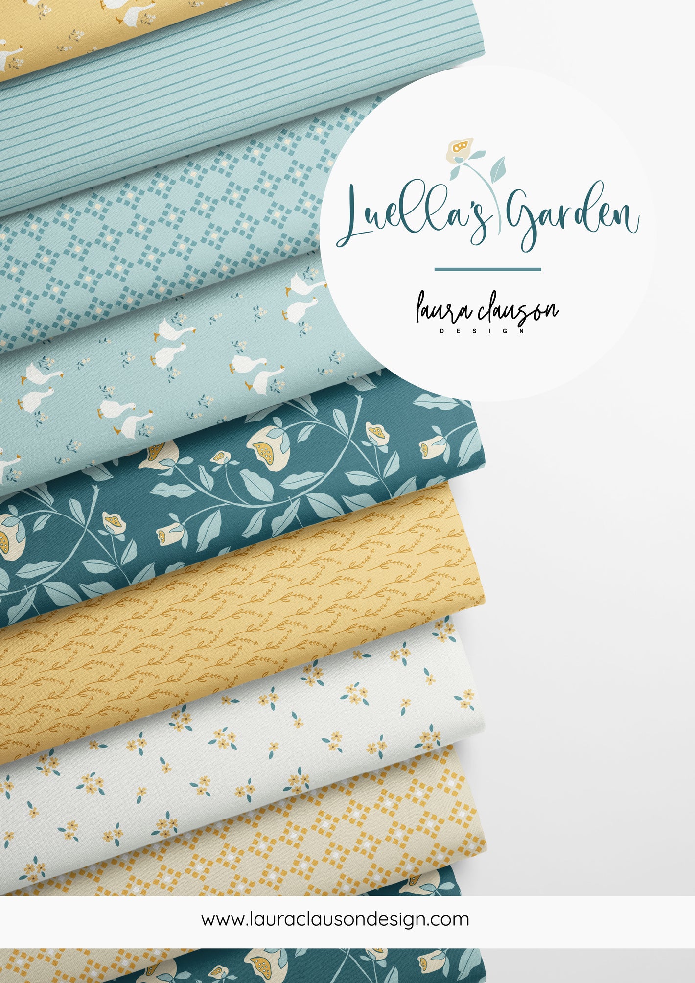 Stack of fabric swatches with 'Luella's Garden' branding on a white background