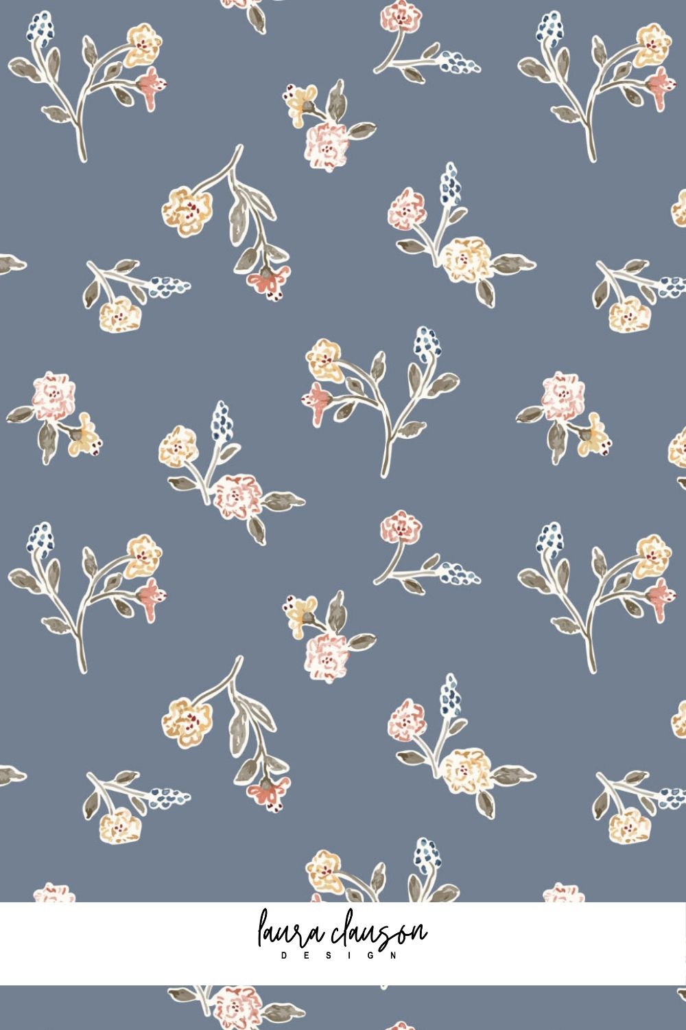 Floral pattern on a blue background with 'Laura Clauson' branding.