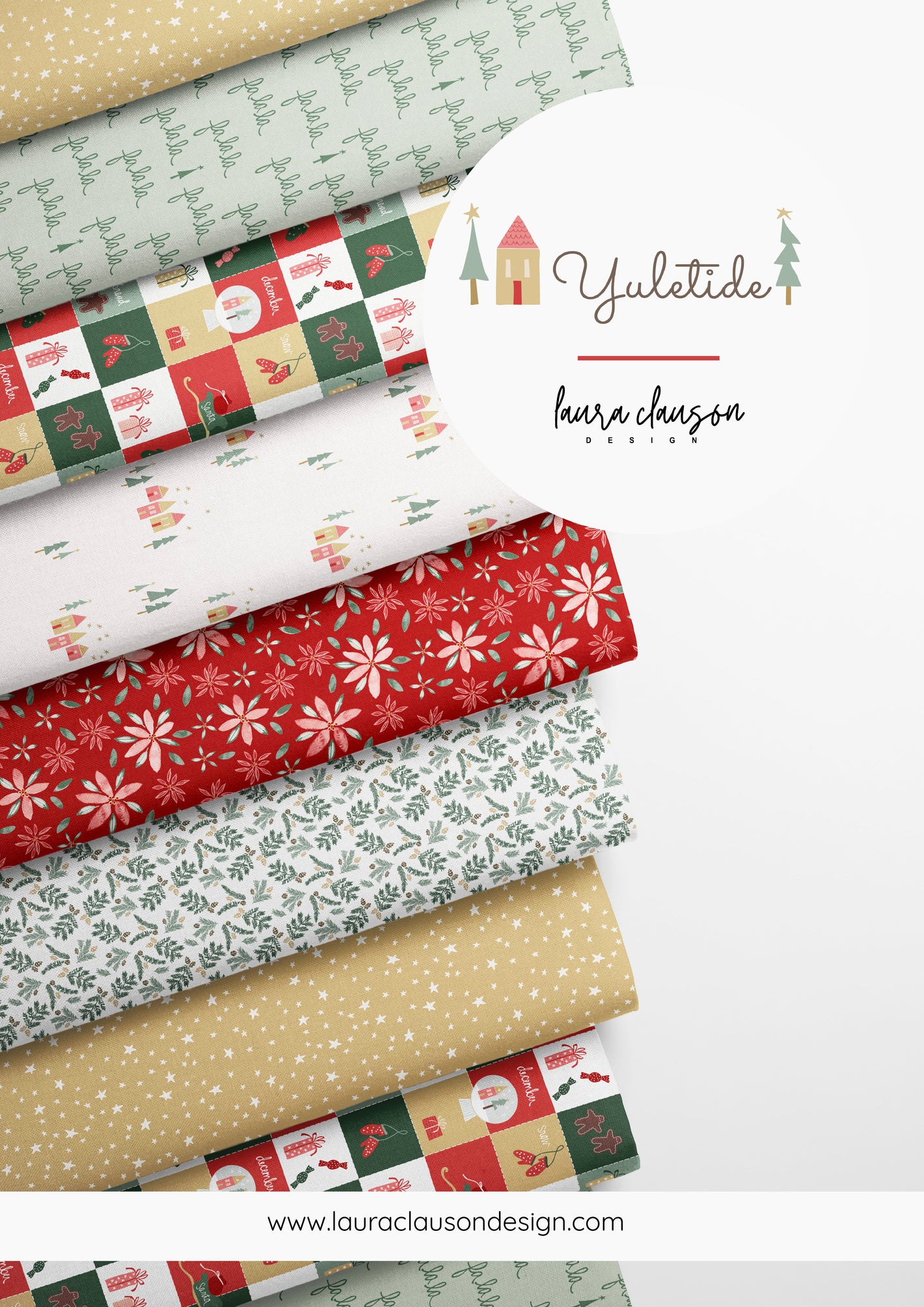 Stack of Christmas-themed fabric swatches with 'Laura Clauson Design' branding.